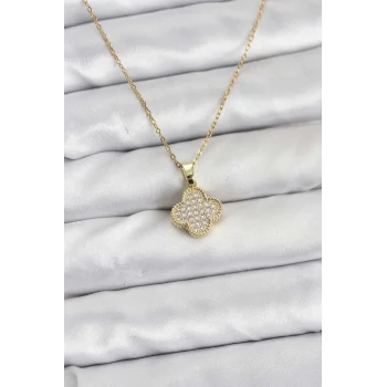 316L Çelik Zincir Gold Renk Zirkon Taşlı Yonca Model Kadın Kolye