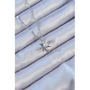 316L Çelik Zincir Gümüş Renk Baget Taşlı İnci Detay Kutup Yıldızı Kolye