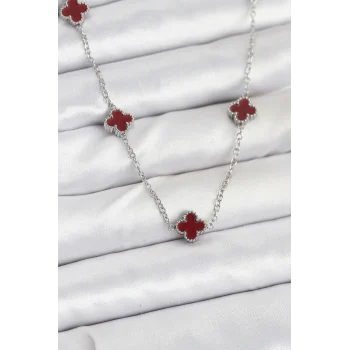 316L Çelik Zincir Gümüş Renk Bordo Baby Boy Yonca Kadın Kolye