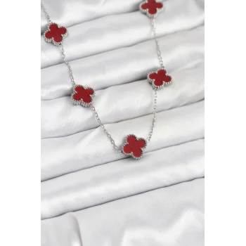 316L Çelik Zincir Gümüş Renk Bordo Renk Yonca Kadın Kolye