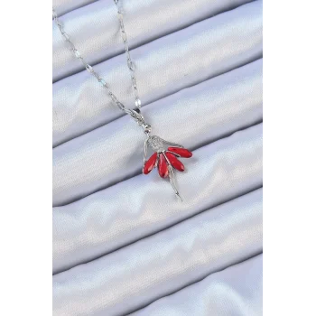 316L Çelik Zincir Gümüş Renk Kırmızı Etekli Zirkon Taşlı Balerin Kolye