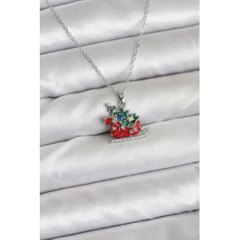 Çelik Zincir Gümüş Renk Kızak Ve Çam Ağacı Figürlü Yılbaşı Temalı Kadın Kolye