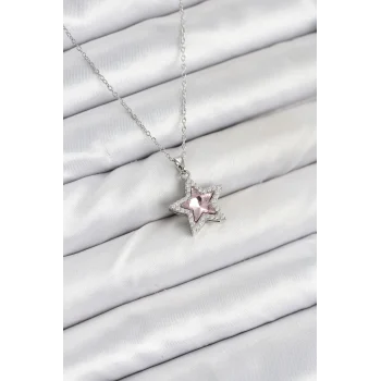 316L Çelik Zincir Gümüş Renk Pembe Taşlı Yıldız Model Kadın Kolye