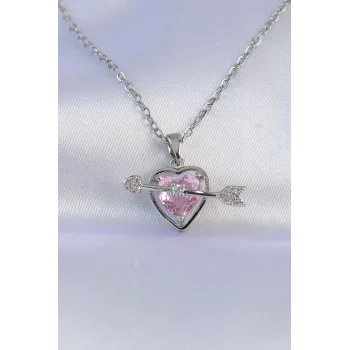 316L Çelik Zincir Gümüş Renk Pembe Zirkon Taşlı Eros Kolye