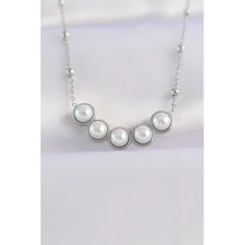 316L Çelik Zincir Gümüş Renk Sıralı İnci Taşlı Kolye