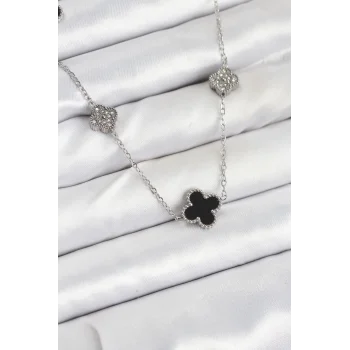 316L Çelik Zincir Gümüş Renk Siyah ve Zirkon Taşlı Yonca Kadın Kolye