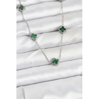 316L Çelik Zincir Gümüş Renk Yeşil Baby Boy Yonca Kadın Kolye