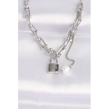 316L Çelik Zincir Gümüş Renk Zincirli Love Yazılı Kilit Kolye