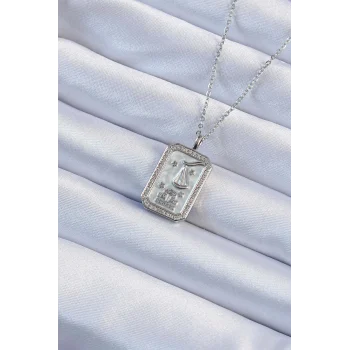 Çelik Zincir Gümüş Renk Zirkon Taşlı Çerçeveli Tarot Kolye