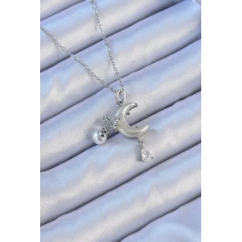 316L Çelik Zincir Gümüş Renk Zirkon Taşlı Kelebekli Mineli Ay Kolye