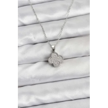 316L Çelik Zincir Gümüş Renk Zirkon Taşlı Yonca Model Kadın Kolye