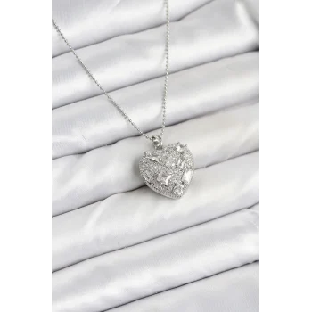 316L Çelik Zincir Gümüş Zirkon Taşlı Kalpli Kadın Kolye