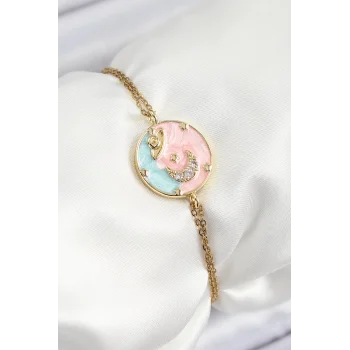 316L Çelik Zincir Mineli Sanatsal Portre Zirkon Taşlı Gezegen Model Gold Renk Kadın Bileklik