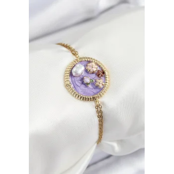 316l Çelik Zincir Mor Mineli Sanatsal Portre İnci Detaylı Çiçek Model Gold Renk Kadın Bileklik