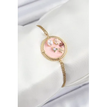 316L Çelik Zincir Pembe Mineli Sanatsal Portre İnci Detaylı Çiçek Model Gold Renk Kadın Bileklik