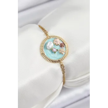 316L Çelik Zincir Turkuaz Mineli Sanatsal Portre İnci Detaylı Çiçek Model Gold Renk Kadın Bileklik