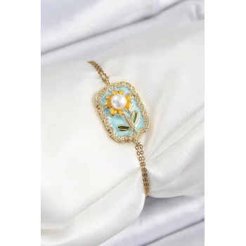 316L Çelik Zincir Turkuaz Mineli Sanatsal Portre İnci Detaylı Papatya Model Gold Renk Kadın Bileklik