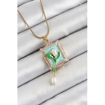 316L Çelik Zincir Turkuaz Sanatsal Portre Sallantılı İnci Detaylı Lale Model Gold Renk Kadın Kolye