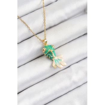 316L Çelik Zincir Yeşil Balık Model Gold Renk Kadın Kolye