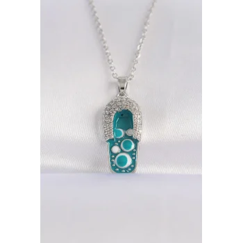 316L Çelik Zincir Zirkon Taşlı Gümüş Renk Nazarlı Terlik Tasarımlı Kolye