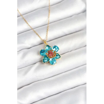 316l Çelik Zincirli Mavi Çiçek Model Kadın Kolye