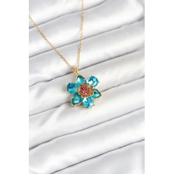 316L Çelik Zincirli Mavi Çiçek Model Kadın Kolye