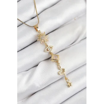 316L Çelik Zirkon Taşlı Güneş Ve Ay Enerji Model Gold Renk Kadın Kolye