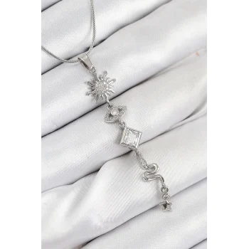 316L Çelik Zirkon Taşlı Güneş Ve Ay Enerji Model Gümüş Renk Kadın Kolye