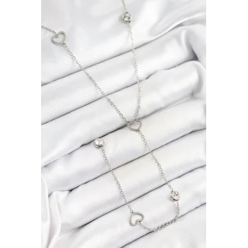 316L Çelik Zirkon Taşlı Kalp Figürlü Y Model Gümüş Renk Kadın Kolye