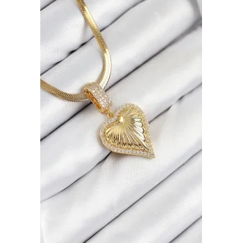 316L Çelik Zirkon Taşlı Kalp Model Gold Renk Kadın Kolye