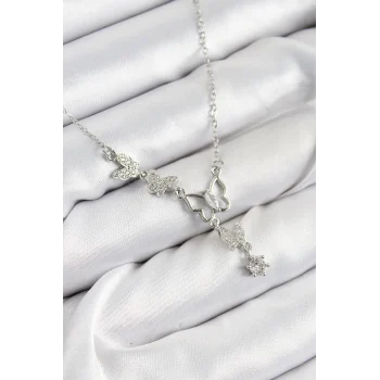 316L Çelik Zirkon Taşlı Kelebek Model Gümüş Renk Kadın Kolye