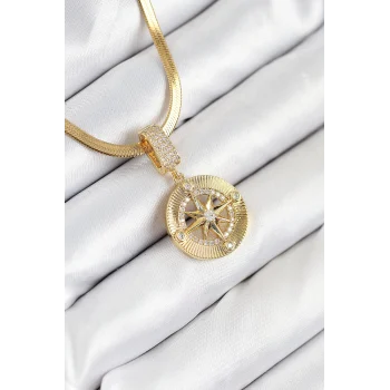 316L Çelik Zirkon Taşlı Pusula Model Gold Renk Kadın Kolye