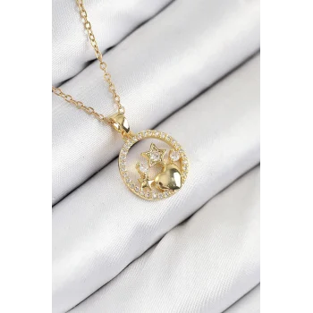 316L Çelik Zirkon Taşlı Yıldız Ve Kalp Model Gold Renk Kadın Kolye