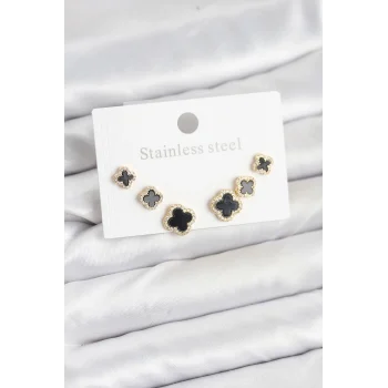 316L Çelik Zirkon Taşlı Yonca Model Kadın Küpe Seti