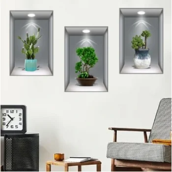 3d Çiçek Vazo Duvar Sticker 3 Lü Set Gri Fon