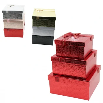 3pcs Kare Parlak Mix Renkli - Kabartma Desen Karton Hediye Kutusu Kurdelalı 25-21-17cm