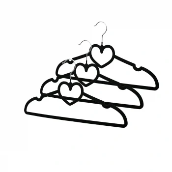 3pcs Siyah Kadife Kaplı - Kalpli Plastik Askı Metal Uçlu