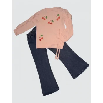 Luz&Pos 4-5-6 Yaş Kot Pantolonlu Kiraz Desenli Penye Sweat Uzun Kollu 2li Kız Çocuk Takımı Pudra
