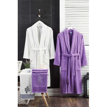 4 Parça Aile Bornoz Seti Kadın Erkek Havlulu Bornoz Takımı 100 Beyaz Lavanta