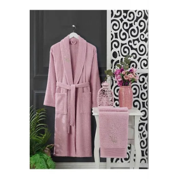 4 Parça Aile Bornoz Seti Kadın Erkek Havlulu Bornoz Takımı 100 Lacivert Pembe