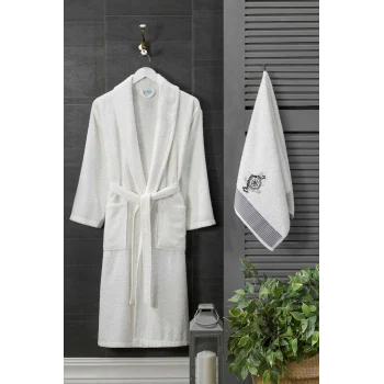 4 Parça Aile Bornoz Seti Kadın Erkek Havlulu Bornoz Takımı Beyaz Set