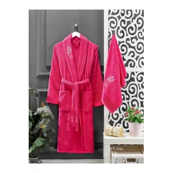 4 Parça Aile Bornoz Seti Kadın Erkek Havlulu Bornoz Takımı  Fuşya Gri