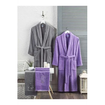 4 Parça Aile Bornoz Seti Kadın Erkek Havlulu Bornoz Takımı Gri Lavanta