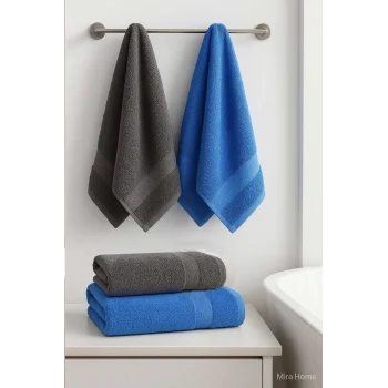 4 Parça Banyo Havlu Takımı &#37;100 Pamuklu Dry Antrasit Mavi