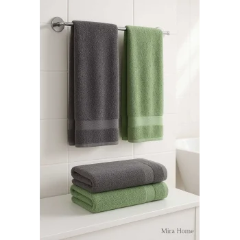 4 Parça Banyo Havlu Takımı &#37;100 Pamuklu Dry Antrasit Yeşil