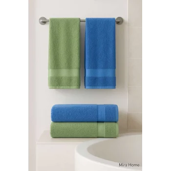 4 Parça Ekonomik Banyo Havlu Takımı &#37;100 Pamuklu Quickdry Mavi Yeşil