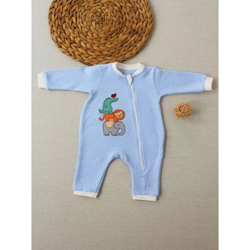 Luz&Pos 6-9 12-18 18-24 24-36 Ay Animal Nakışlı Bal Peteği Kumaş Es Fermuarlı Erkek Bebek Tulumu Mavi