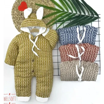 Luz&Pos 6-9-12-18 Ay Düğme Kapamalı Kulaklı Kapşonlu Triko Kumaş Kız Erkek Bebek Tulumu Mavi