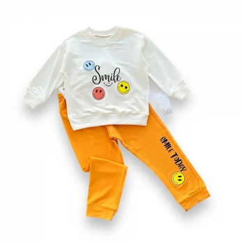 Luz&Pos 6-9-12-18 Ay Emoje Baskılı Pamuk Penye Kumaş Erkek Bebek Takımı Turuncu