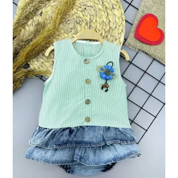 Luz&Pos 6-9-12-18 Ay Gül Rozet Detaylı Kot Kilotlu Etek Kız Bebek Elbisesi Yeşil